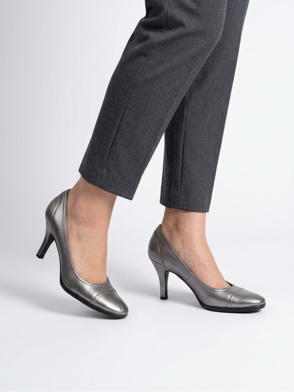 Apostrophe Pewter Metallic Almond Toe Heels Pumps 3"